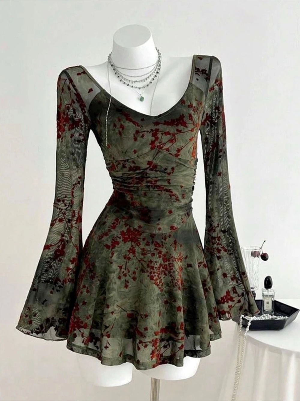 Velvet Floral Mini Dress in Olive Green & Brown